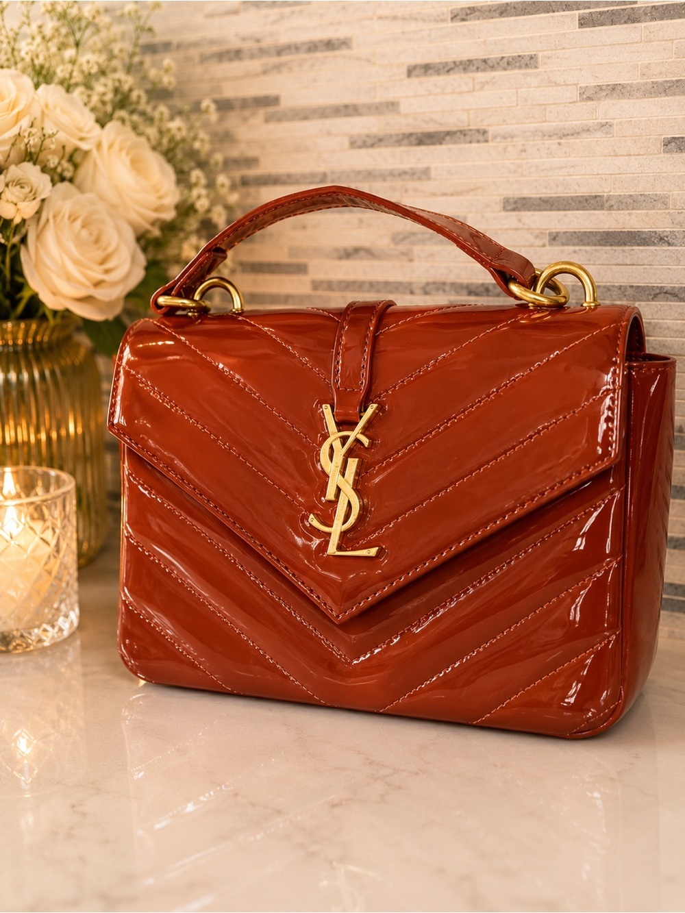 Saint Laurent brown Patent Leather Small Top Handle Bag - Picture 2 of 6